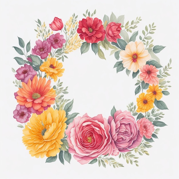 Watercolor flowers circle frame concept