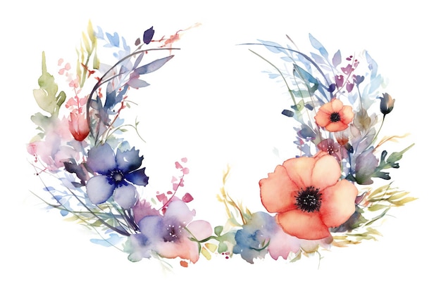 Watercolor flowers in a circle frame