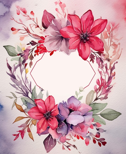 Watercolor flowers in a circle frame