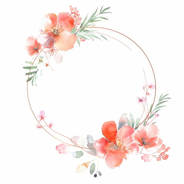 Watercolor flowers in a circular frame on white