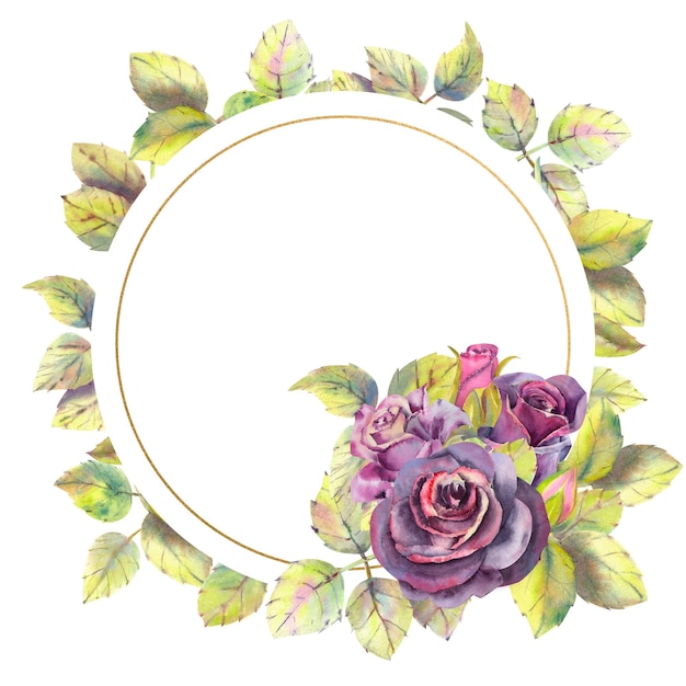 Watercolor flowers of dark roses green leaves composition in a geometric Golden frame