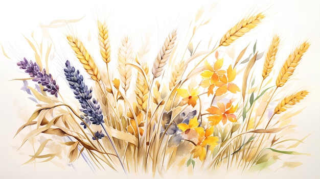 watercolor flowers and ears of wheat