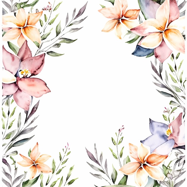 Акварельная цветочная рамка для открытки с розовыми и голубыми цветами на белом фоне