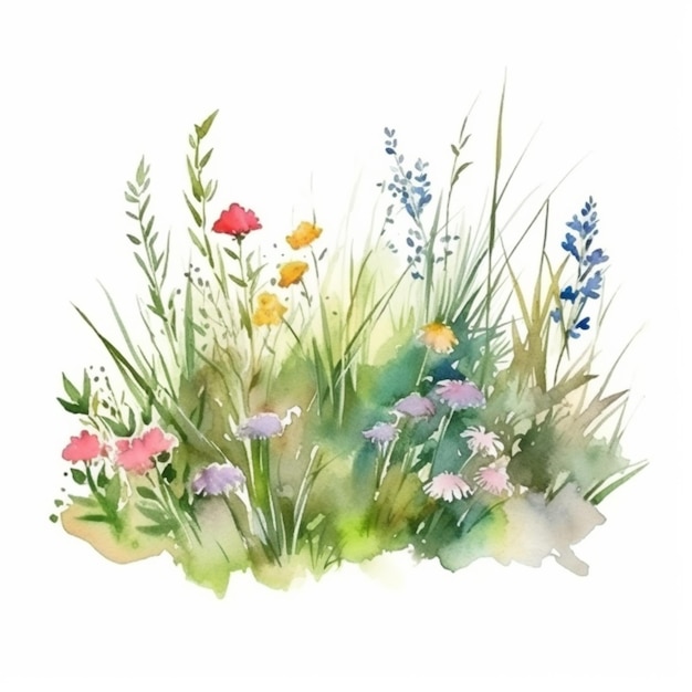 草の中の水彩花。手描きのイラスト。
