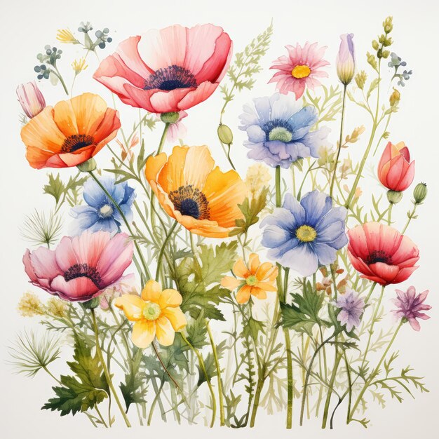 Watercolor flowers on grass isolated