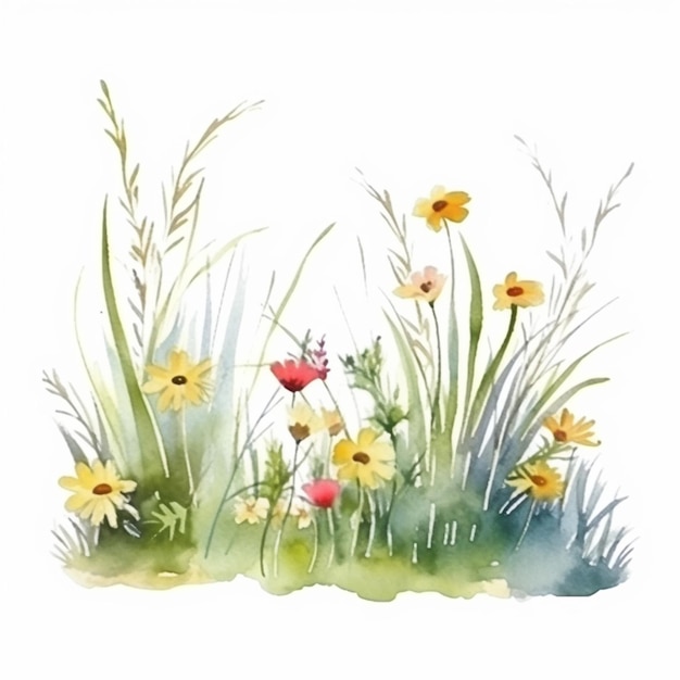 Photo watercolor flowers on the grass.