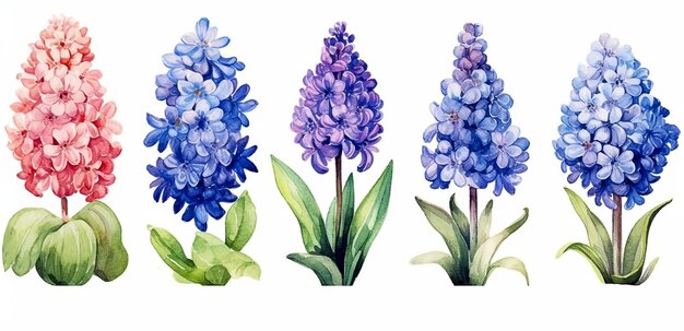 Watercolor flowers hyacinths on isolated white background botanical painting Set of floral design elements