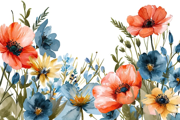 Watercolor flowers illustration blue red color