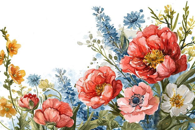 Watercolor flowers illustration blue red color