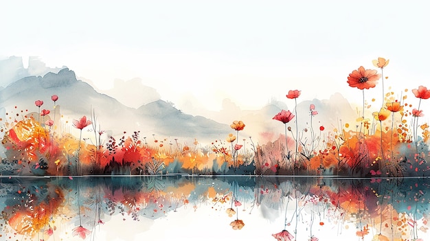 Photo watercolor flowers and lake