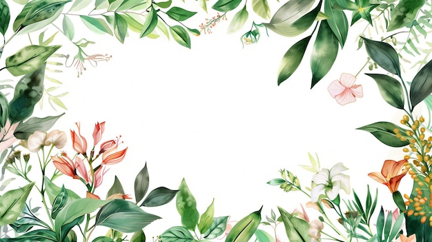 watercolor of flowers and leave framegreen botanical border on white background generative ai