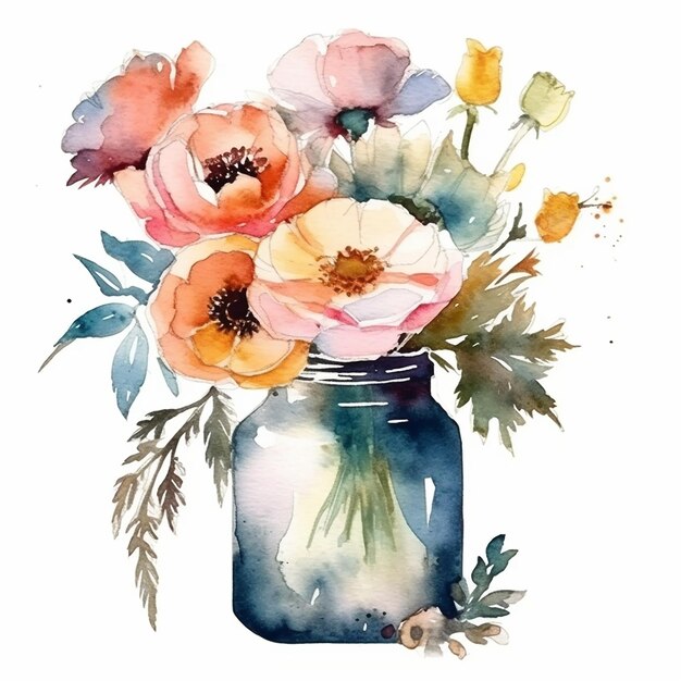 Premium Photo Watercolor flowers in a mason jar