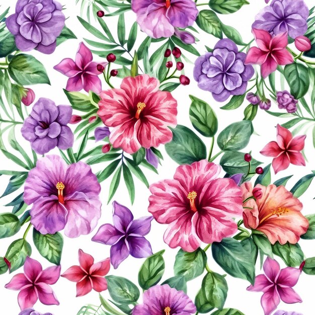 Watercolor flowers pattern purple and pink tropical elements green leaves white background