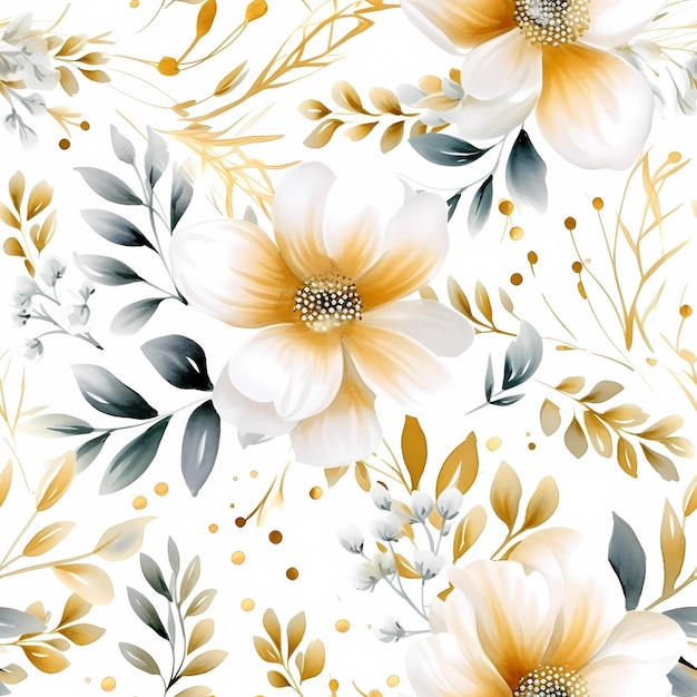 watercolor flowers pattern white and gold seamless pattern