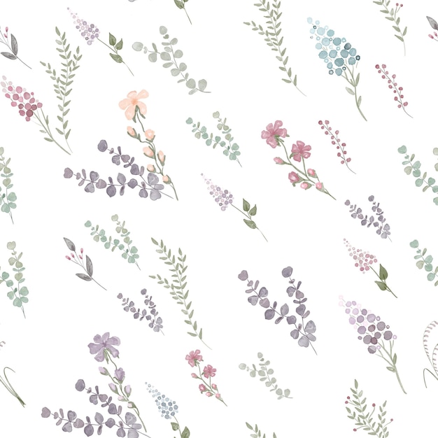 watercolor flowers and plants pattern on white background seamless