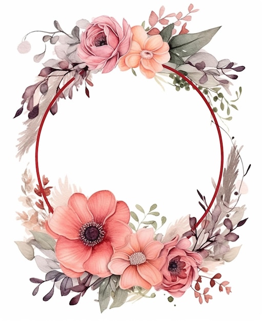 Watercolor flowers on a red circle