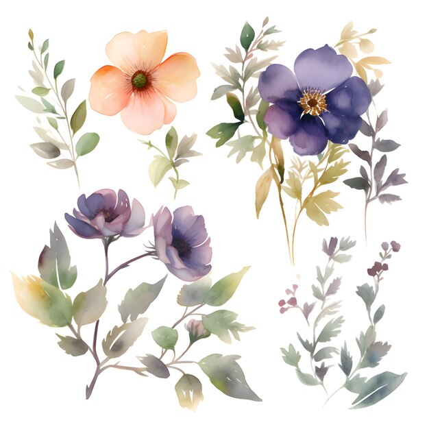 Watercolor flowers set Hand painted illustration Isolated on white background