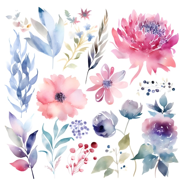 Watercolor flowers set Hand painted illustration isolated on white background