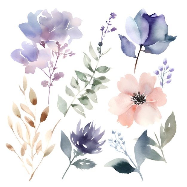 Watercolor flowers set Hand painted illustration isolated on white background