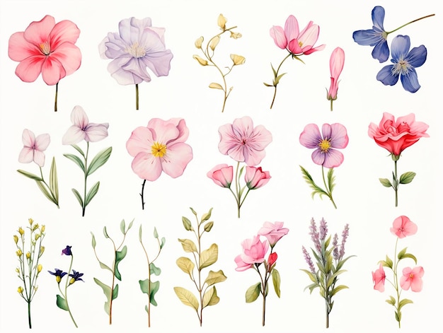白い背景に分離された水彩花セット 手描きイラスト