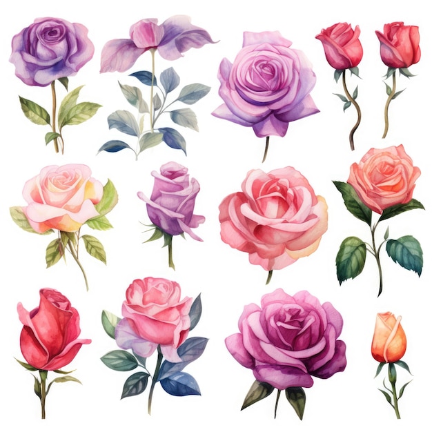 Photo watercolor flowers set watercolor of multicolored colorful soft flowers flowers are isolated