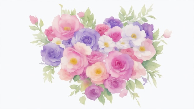 Watercolor Flowers in Shape of Heart on White Background