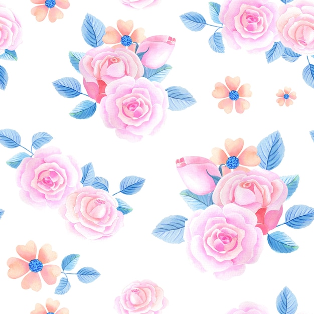 Watercolor flowers on a white background. Seamless pattern with Pink roses.