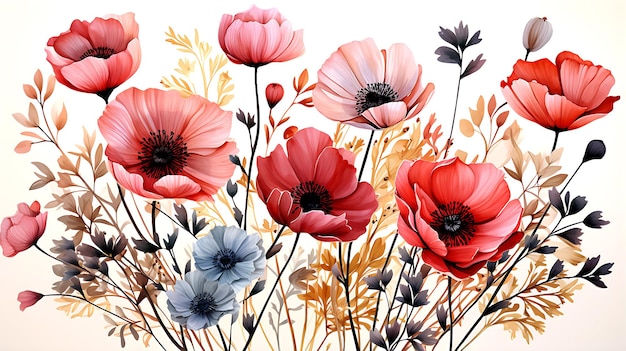 Watercolor flowers on a white background without shadows for illustration