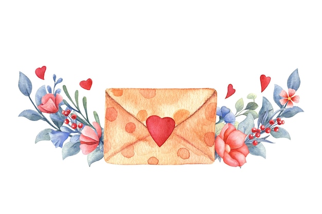 Watercolor flowers with envelope and hearts
