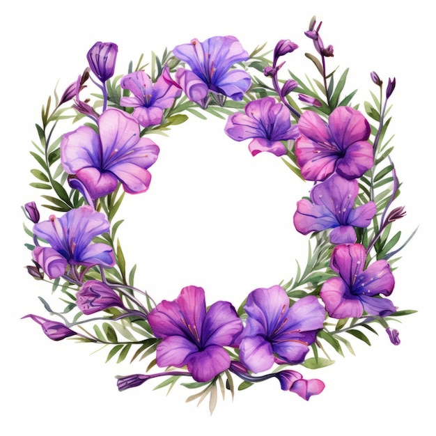 a watercolor flowers wreath featuring a stylized floral arrangement with vibrant purple flowers, reminiscent of the beauty that surrounds us. this high detailed and realistic artwork showcases a skill