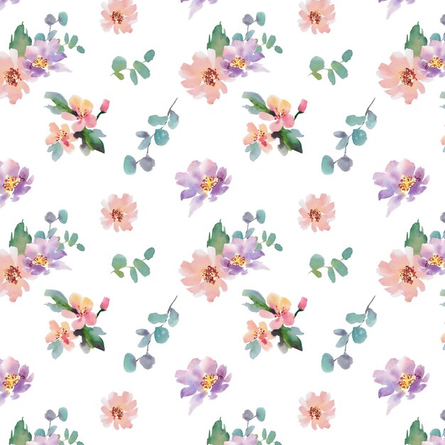 Watercolor flowersSeamless pattern Collage Colorful illustration Anemones peonies roses hollyhocks