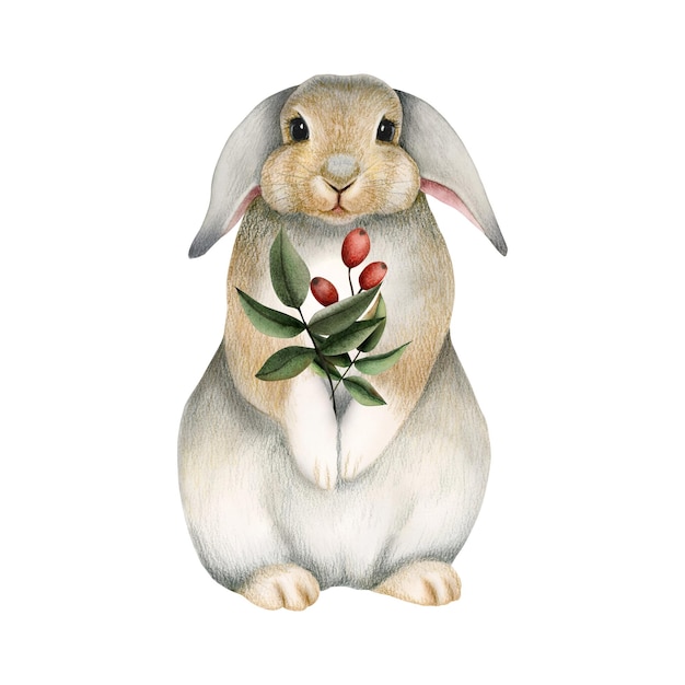 Watercolor fluffy rabbit holding leaves and berries illustration cute bunny animal drawing