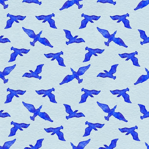 水彩飛行鳥動物青シームレス パターン