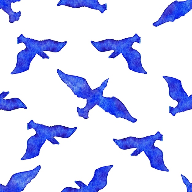 Watercolor flying bird animal blue white seamless pattern