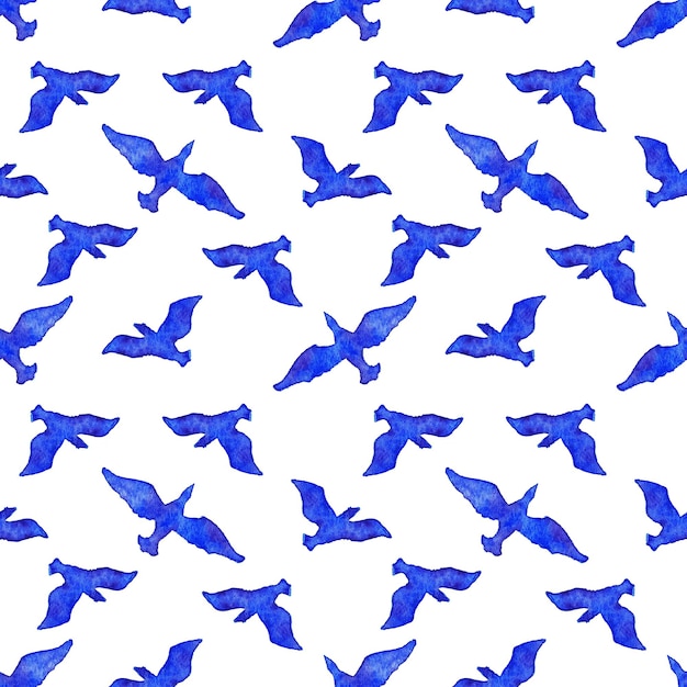 watercolor flying bird animal blue white seamless pattern