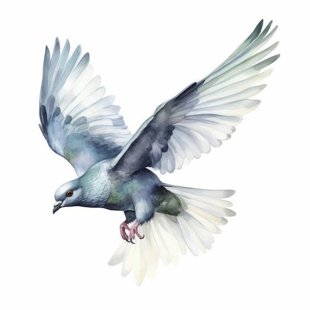 Watercolor flying pigeon isolated on white background Hand drawn illustration