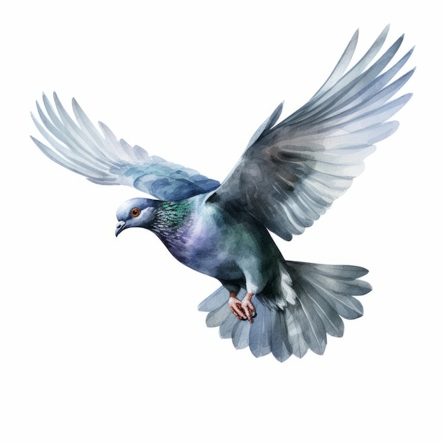 Watercolor flying pigeon isolated on white background Hand drawn illustration