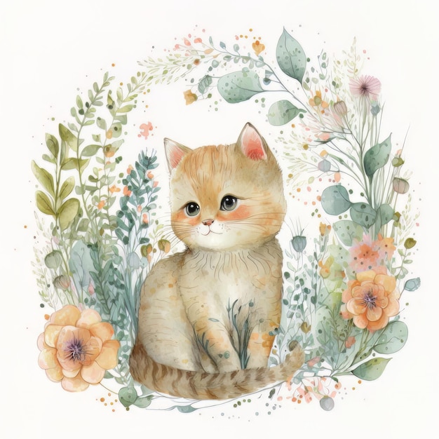 Watercolor forest cartoon isolated cute baby cat animal Illustration AI Generative