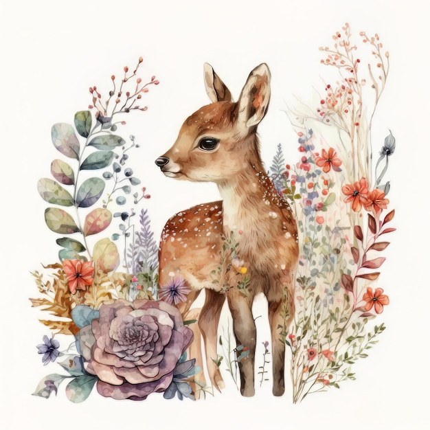 Watercolor forest cartoon isolated cute baby deer animal Illustration AI Generative