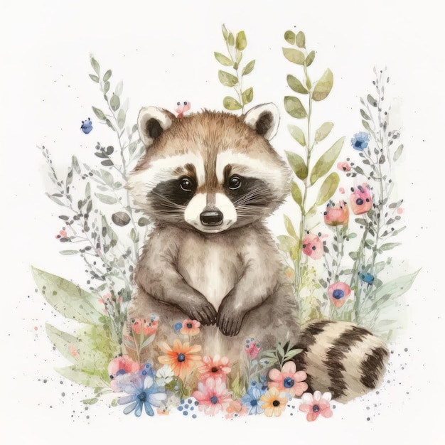 Watercolor forest cartoon isolated cute baby raccoon animal Illustration AI Generative