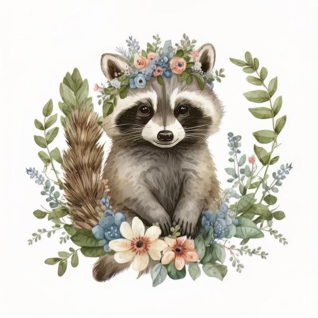 Watercolor forest cartoon isolated cute baby raccoon animal Illustration AI Generative