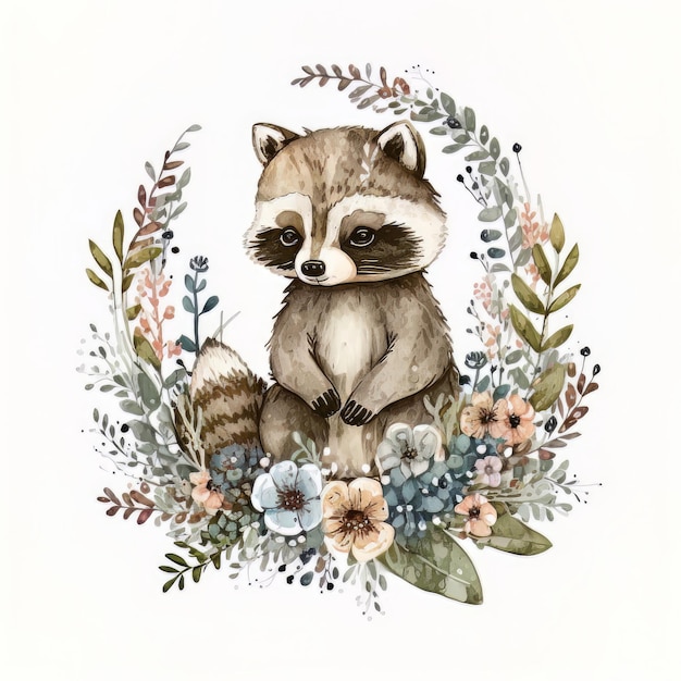 Photo watercolor forest cartoon isolated cute baby raccoon animal illustration ai generative