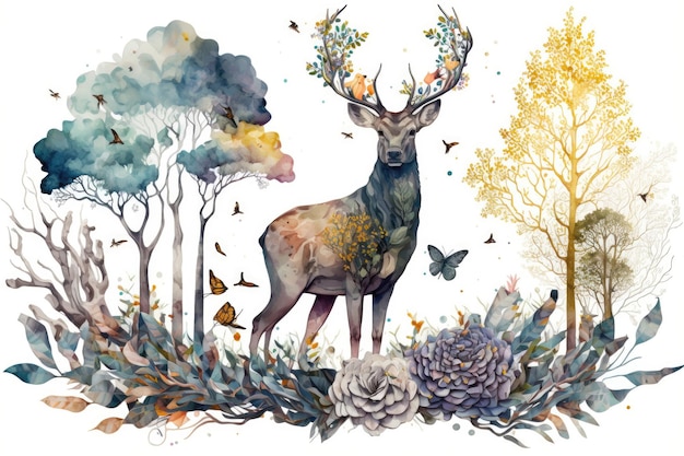 Watercolor forest composition with deer butterfly flowers and treesx9