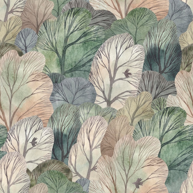 Акварельный лес Симпатичный бесшовный узор Креативная акварельная текстура для обертывания ткани текстильными обоями Ручная иллюстрация