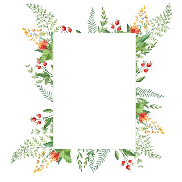 Watercolor forest frame with cloudberries fern green branches and red berries isolated on white