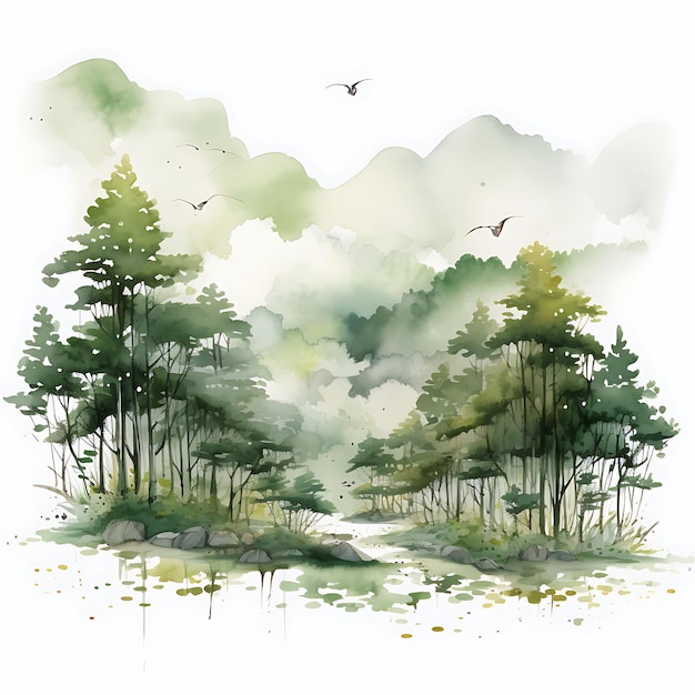 Watercolor Forest Frees TShirt Unique Clipart Diverse Style on White Background Isolated Tshirt