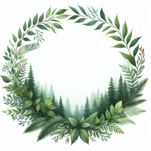 Foto quadro ad acquerello di foresta verde su sfondo bianco