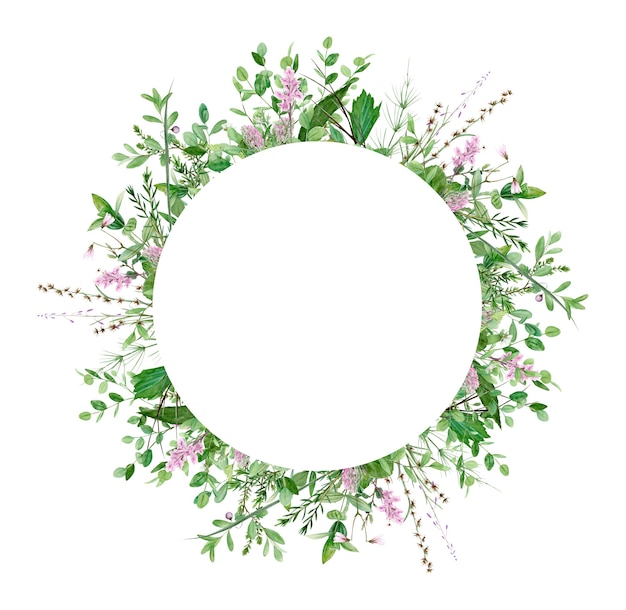 Watercolor forest greenery wreath frame isolated on white background