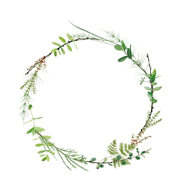 Watercolor forest greenery wreath frame. Perfect for logo and wedding invitation. Botanical illustration.