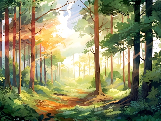 Watercolor Forest illustration highly detailedstyle cartoon style